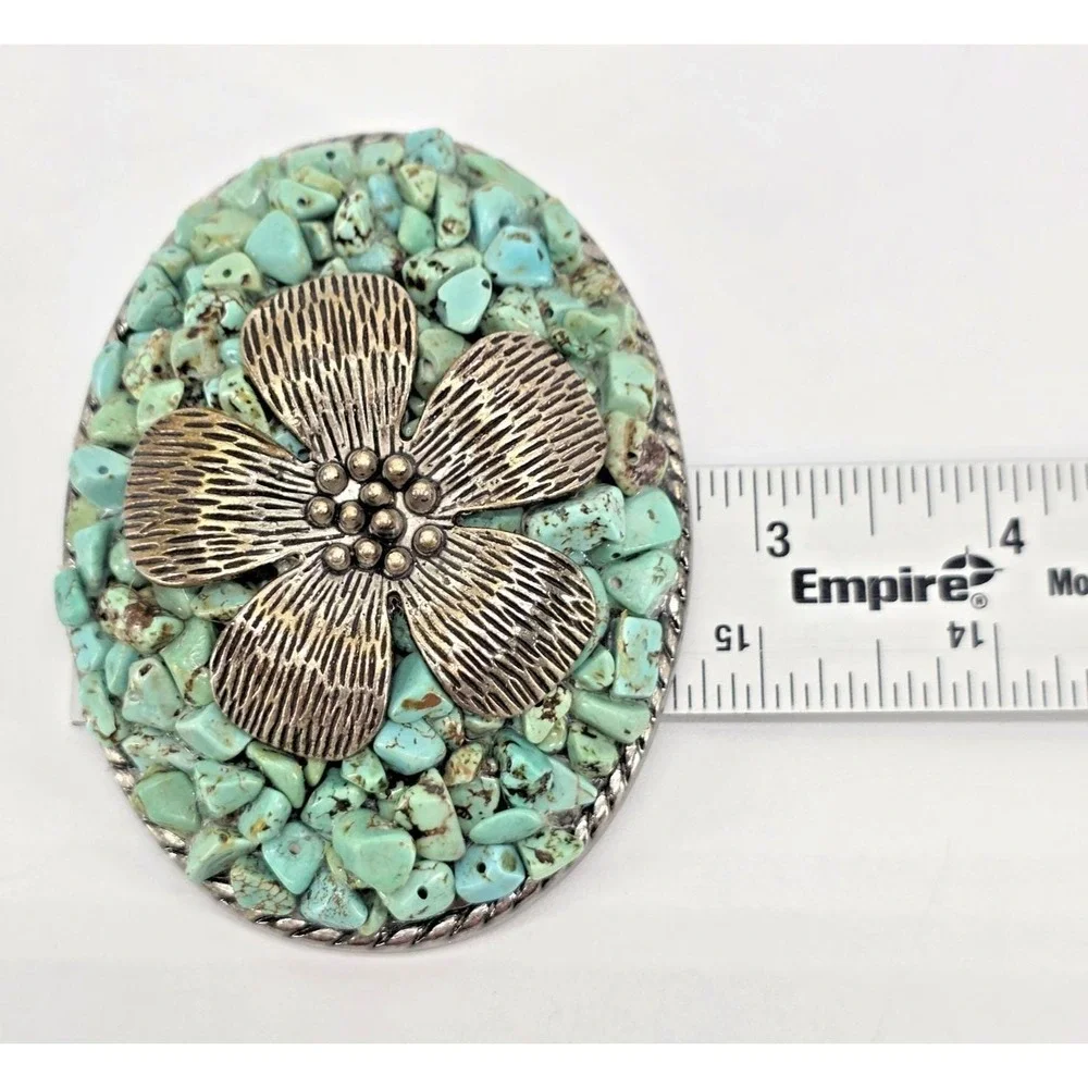 Vintage Ivan Faux Turquoise Chip Stone Floral Sunflower Western Belt‎ Buckle